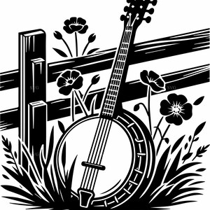 May include: Black and white illustration of a banjo leaning against a wooden fence, with flowers and grass in the foreground. The banjo's strings and details are clearly visible, creating a rustic, country theme.