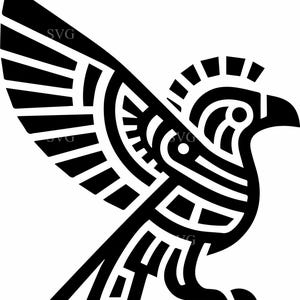 Könnte beinhalten: Schwarz-weiße stilisierte Illustration eines Vogels mit ausgebreiteten Flügeln. Das Design zeigt geometrische Formen und Linien, mit dem Wort "SVG" im Design. Der Vogel ist im Profil dargestellt, mit detailliertem Kopf und Schnabel.