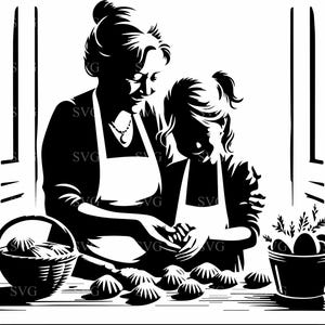 4 Grand-mère cuisson SVG – fichier coupé scène de cuisine familiale douce avec grand-mère et enfant, clipart cuisson vintage pour Cricut et Silhouette