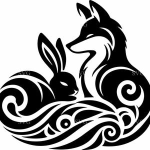 6 Renard et lapin tribal SVG - 6 Clipart animaux des bois pour Cricut, forêt tatouage Style PNG, téléchargement numérique de la faune Silhouette