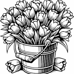 4Rustic Tulip Bucket SVG 4 File di taglio - Elegante design di bouquet floreale - Modello di artigianato primaverile