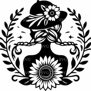5 tournesol fille SVG, 5 petite fille avec des tresses, fichier coupe Floral Silhouette, art de la scène nature, conception de jardin