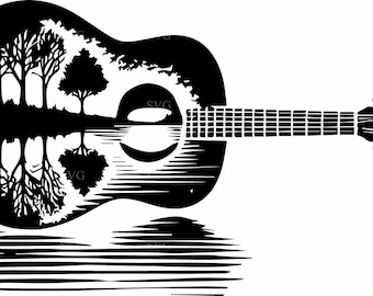 4 Guitar Nature Reflection SVG, Forest Bridge Music Silhouette (Cut File)