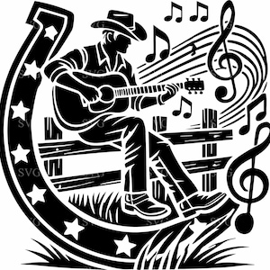 Cowboygitarist SVG - 6 rustieke cowboy die gitaar speelt op hek met hoefijzer en muzieknoten - ontwerp westernmuziek