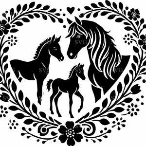 7 famille de chevaux dans un cadre coeur SVG 7 fichier coupé - jument et poulains avec motif floral - bricolage ferme Cricut Craft