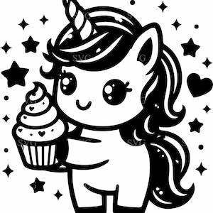 Licorne avec petit gâteau SVG 4 fichier coupé, conception kawaii avec étoiles pour projets créatifs Cricut