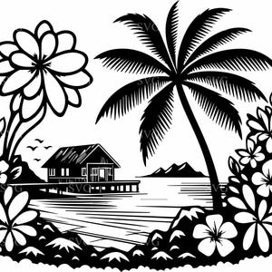 Tropisches Strandparadies SVG, 4 Überwasser-Bungalow mit Palmen Blumen Cut-Datei, Küsten-Szene für Cricut Silhouette