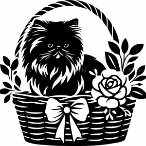 6 pluizig kitten in mand SVG, 6 schattige katten-clipart met bloemendecor, schattig huisdierontwerp, ambachtelijk gesneden bestand voor kattenliefhebbers