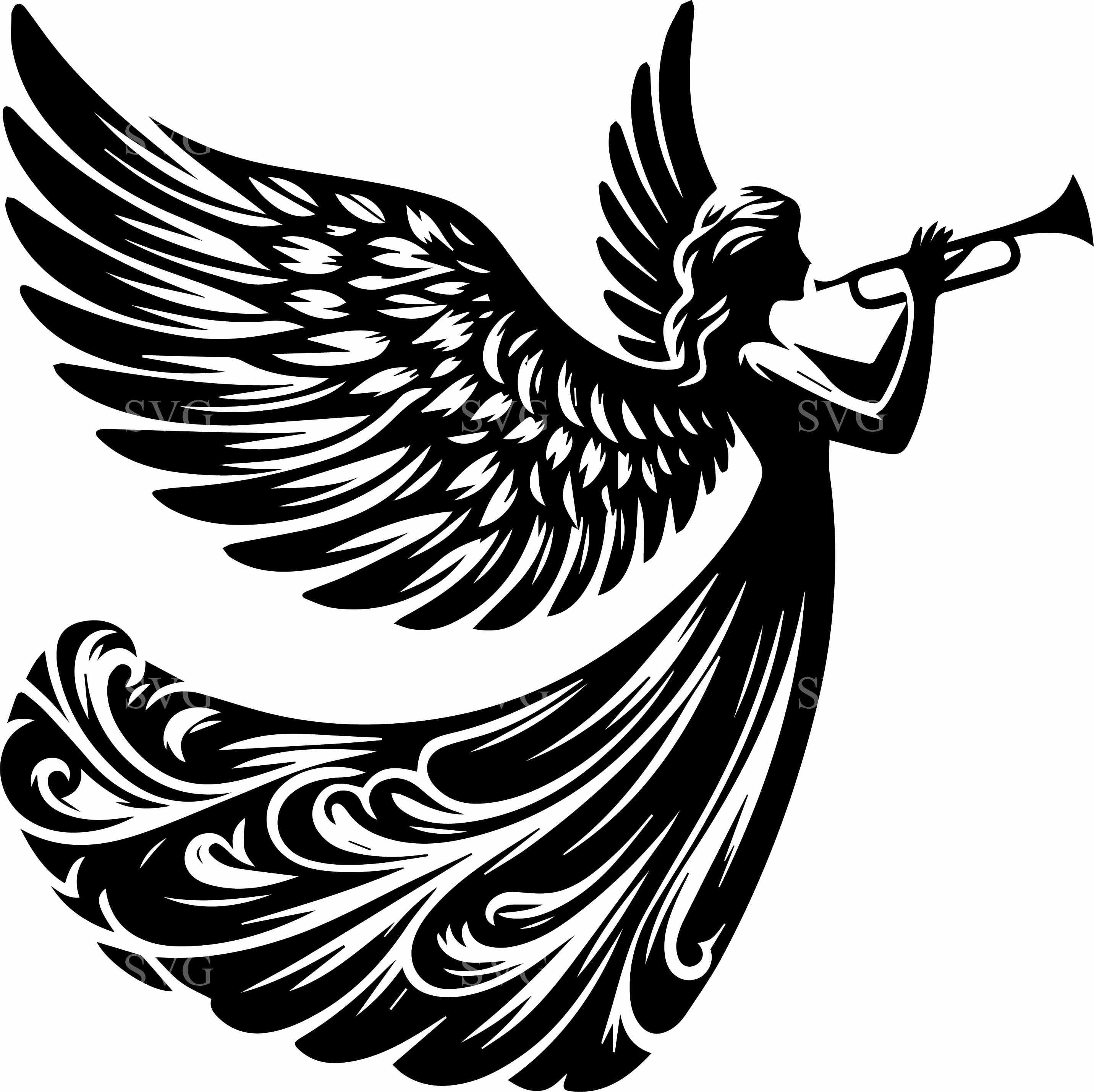 10 Flowing Winged Angel Trumpet SVG – Angel Silhouette Cut File for ...