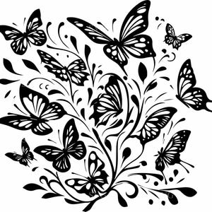 Puede incluir: Ilustración en blanco y negro de múltiples mariposas con intrincados patrones en las alas. Las mariposas están dispuestas entre hojas y espirales estilizadas, creando un diseño decorativo sobre un fondo blanco.