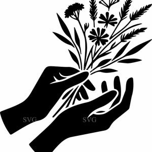 4 flores silvestres en las manos SVG, 4 ramos botánicos, diseño de amor por la naturaleza, arte floral rústico, archivo de corte artesanal