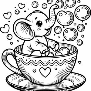 Archivo SVG de 5 cortes de elefante bebé, lindo elefante en taza de té con burbujas y corazones, arte vectorial, silueta caprichosa