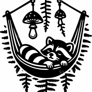 7 Forest hammock – 7 Raccoon SVG cut file – Whimsical woodland animal for laser cut, papercraft, nursery or nature decor