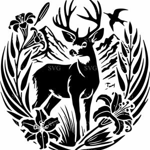 5 Hirsch im Wald mit Blumenkranz SVG - 5 Rustikale Wildtier Bergszene - Naturinspirierte Schnittdatei zum Basteln