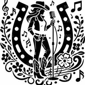 5 cliparts musique cow-girl - 5 chanteurs country SVG - conception de guitare western pour Cricut, décoration florale, projets d'artisanat de rodéo