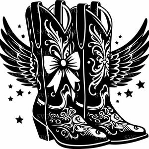 6 bottes de cow-girl avec des ailes SVG 6 fichier coupe Western Bow Silhouette Clipart pour Cricut et travaux manuels Silhouette