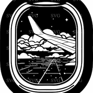 Vista da janela do avião SVG, arquivo de corte de 4 paisagens urbanas do céu noturno, silhueta de voo para Cricut, Glowforge, laser, arte de parede