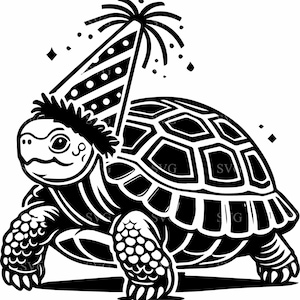 May include: A black and white illustration of a turtle wearing a party hat with a firework design. The turtle is walking forward with its head and legs extended.