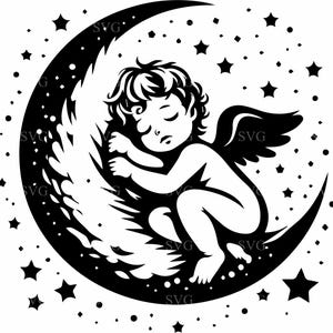 May include: Black and white illustration of a sleeping angel baby with wings, nestled in a crescent moon with stars in the background.