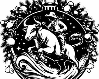 6 Western Cowboy Bull Ornament SVG Cut File – Rustic Holiday Craft Design (Digital Download)