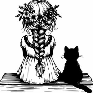 Meisje met bloemenkroon en kat SVG | 4 grillige scène gesneden bestand | Gevlochten meisje zittend met kat voor Cricut & Silhouette