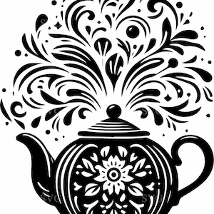 May include: Black and white illustration of a teapot with a floral design on the body. The teapot has a curved spout and handle. Above the teapot is a decorative burst of stylized leaves and droplets.