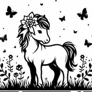 Poney mignon SVG 5 fichier coupe, cheval floral avec des cliparts papillons, téléchargement numérique animaux de la ferme pour Cricut & Silhouette