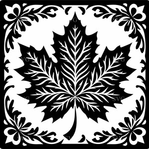 May include: Black and white maple leaf design with intricate details. The leaf is centered within a square frame, surrounded by floral corner accents. The design is suitable for various craft projects.