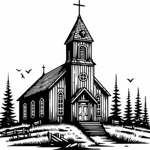 May include: A black and white illustration of a wooden church with a steeple and a cross on top. The church is surrounded by trees and a fence.