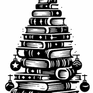 May include: Black and white illustration of a Christmas tree made of stacked books. A star tops the tree, and ornaments hang from the sides. The books have decorative details, creating a festive, literary theme.