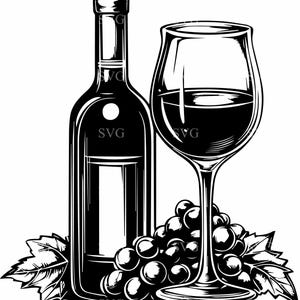 Wijnfles en glas SVG 4 gesneden bestand - druiven en bladeren silhouet ontwerp - rustieke wijn kunst digitale download