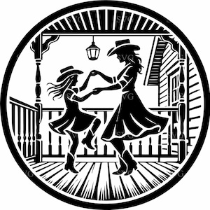 6 Cowboy mère et fille danse SVG, fichier de coupe Western famille Silhouette, porche des cliparts scène pour Cricut Crafts