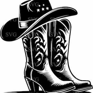 6 bottes de cowboy chapeau fichier coupe western SVG, 6 rodéo country Style PNG pour Cricut et projets de bricolage Silhouette