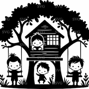 4つのツリーハウスキッズSVG、遊び心のある子供向けカットファイル、CricutとSilhouette用屋外遊び場デザイン