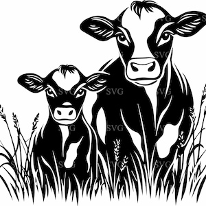 Vaca e bezerro SVG, 4 silhuetas de animais de fazenda, clipart de vaca mãe e bebê, download digital