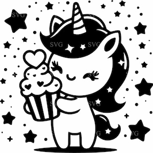 4 Cute Unicorn with Cupcake SVG 4 Cut File, Adorable Kawaii Design with Stars for Cricut Crafts