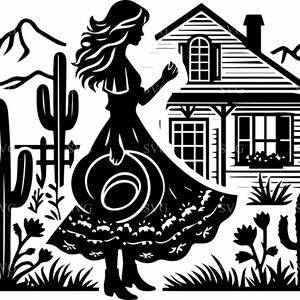 Femme rustique et cottage SVG 4 fichier coupe, dame avec bouquet de fleurs, charmante scène de ferme pour Cricut & Silhouette