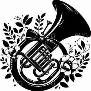 May include: A black and white illustration of a French horn with floral accents. The horn is decorated with a bow and surrounded by stylized flowers.