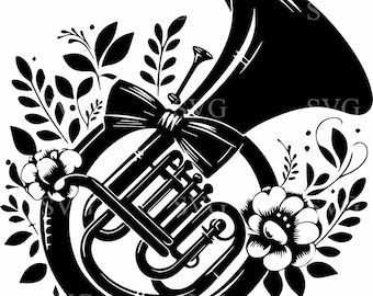 Archivo SVG de corte de 4 tubas florales, clipart musical, arte vectorial cortado con láser