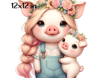 Pig Clipart, Cute Pig, Mother's Day Clipart, Pig Baby Animal Clip Art, PNG Sublimation, Shirt Design, Card Making, Nursery Wall Art