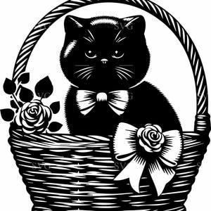 6 Gatti in Cestino SVG, 6 Gattini Eleganti con Fiocco e Fiori File di Taglio, Perfetto per Progetti Artigianali Cricut e Silhouette