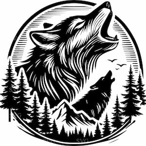 May include: Black and white illustration of a wolf howling at the moon with a mountain range and pine trees in the background.
