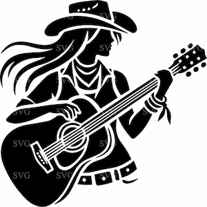Cowgirl-gitarist SVG - 6 stijlvolle westernvrouw die gitaar speelt - countrymuziekontwerp voor Cricut & Silhouette