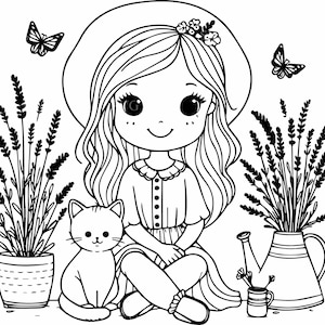 Fille avec chat et lavande SVG, fichier de coupe 5 jardin fille Silhouette, printemps ferme décoration SVG pour Cricut & Silhouette