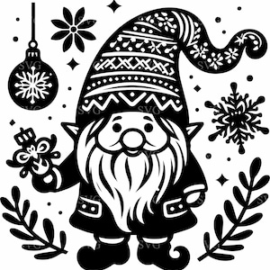 以下が含まれることがあります： 長いひげと模様の帽子をかぶったクリスマスのノームの白黒イラスト。ノームは贈り物を持っており、雪片、星、クリスマスオーナメントに囲まれています。