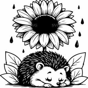 Hérisson endormi avec tournesol SVG, 4 fichiers de coupe Floral animaux mignons des bois pour Cricut et travaux manuels de silhouette