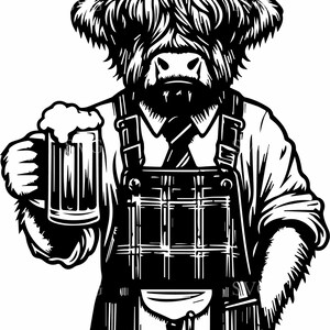 May include: Black and white illustration of a Highland cow wearing a plaid apron and holding a beer stein. The cow has large horns and shaggy fur. The apron has a pocket and suspenders.