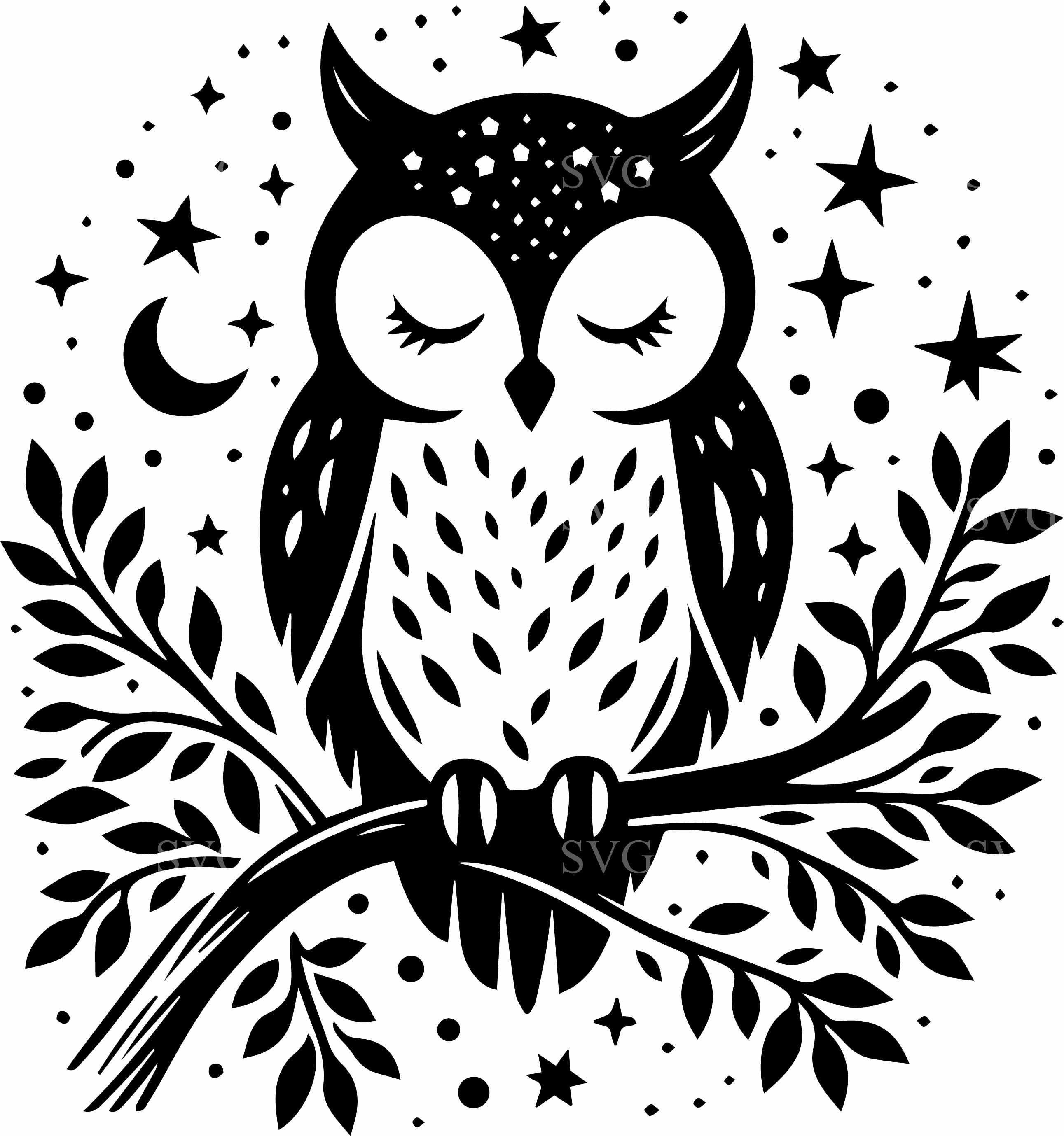 3 Owl night SVG – 3 Sleeping owl on branch cut file with stars and moon – Woodland silho