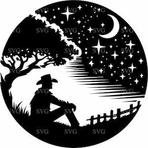 Cowboy sotto il cielo notturno SVG, 5 file di taglio del paesaggio occidentale, silhouette di campagna, scena di fattoria rustica download digitale