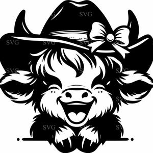May include: A black and white illustration of a cow wearing a cowboy hat with a bow. The cow is smiling with its mouth open and has a happy expression.